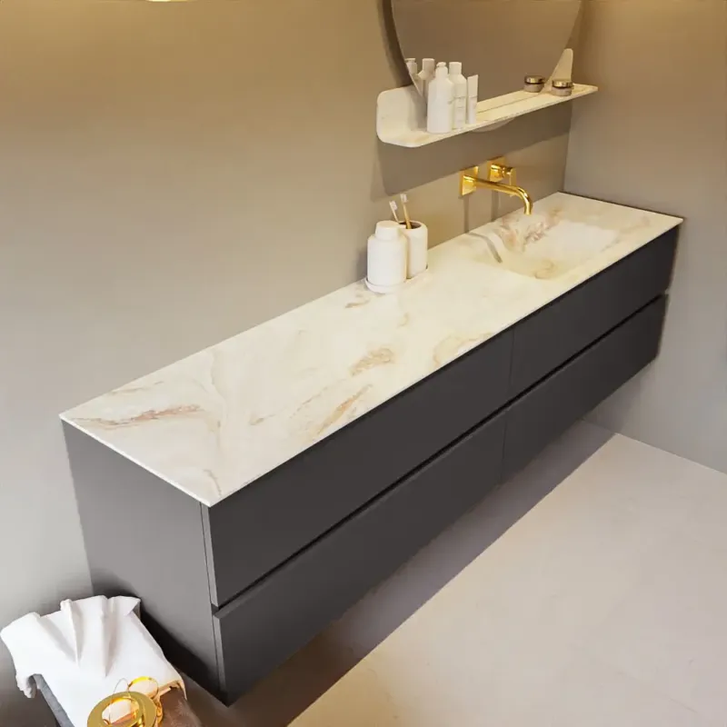 Speciale Aanbieding Mondiaz Vica DLux badmeubel 200cm dark grey 4 lades met wastafel frappe rechts zonder kraangat