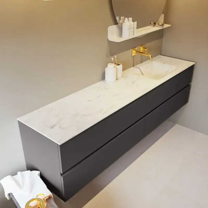 Mondiaz Vica DLux badmeubel 200cm dark grey 4 lades met wastafel opalo rechts zonder kraangat Laatste Kans
