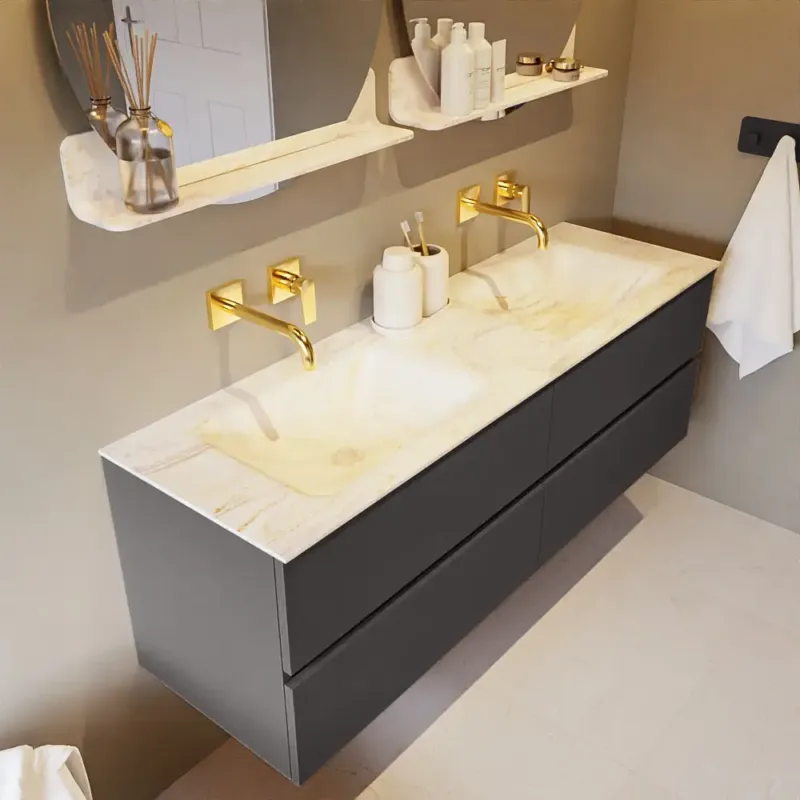 Mondiaz Vica DLux badmeubel 150cm dark grey 4 lades met wastafel ostra dubbel zonder kraangat Koop Vandaag
