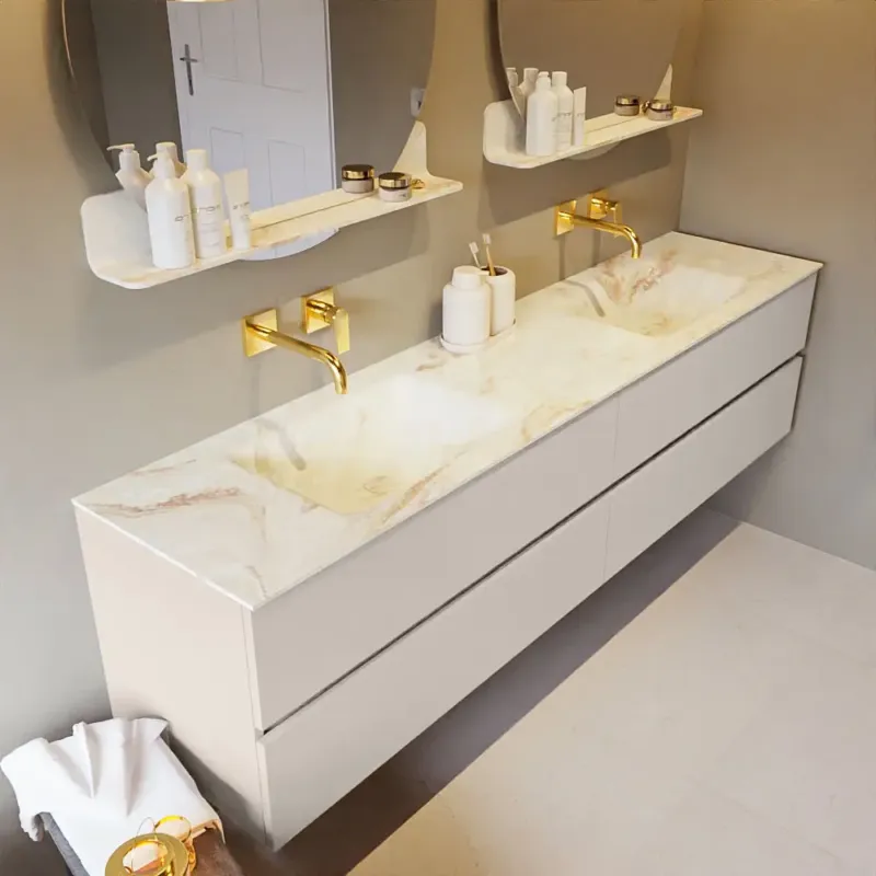 Mondiaz Vica DLux badmeubel 200cm linen 4 lades met wastafel frappe dubbel zonder kraangat Koopje