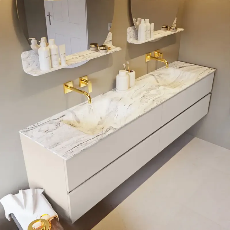 Premium Mondiaz Vica DLux badmeubel 200cm linen 4 lades met wastafel glace dubbel zonder kraangat