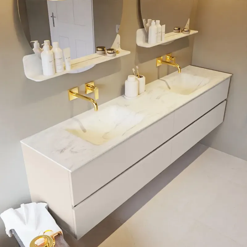 Mondiaz Vica DLux badmeubel 200cm linen 4 lades met wastafel opalo dubbel zonder kraangat Tijdelijk Beschikbaar