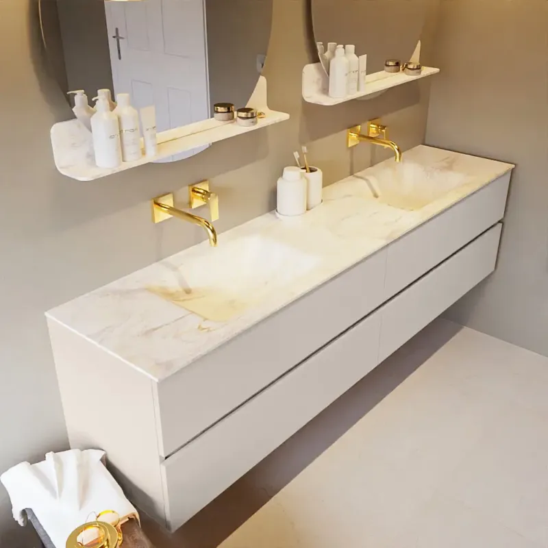 Mondiaz Vica DLux badmeubel 200cm linen 4 lades met wastafel ostra dubbel zonder kraangat Beperkte Voorraad