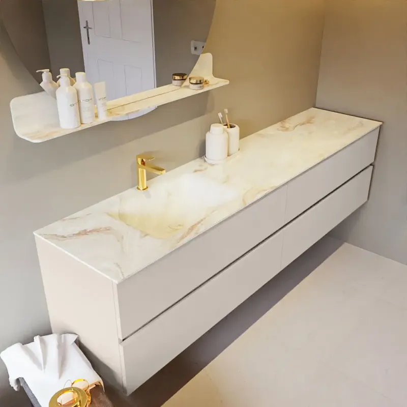 Mondiaz Vica DLux badmeubel 200cm linen 4 lades met wastafel frappe links 1 kraangat Lage Kosten