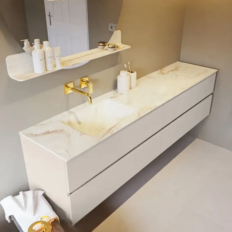 Mondiaz Vica DLux badmeubel 200cm linen 4 lades met wastafel frappe links zonder kraangat Nieuw