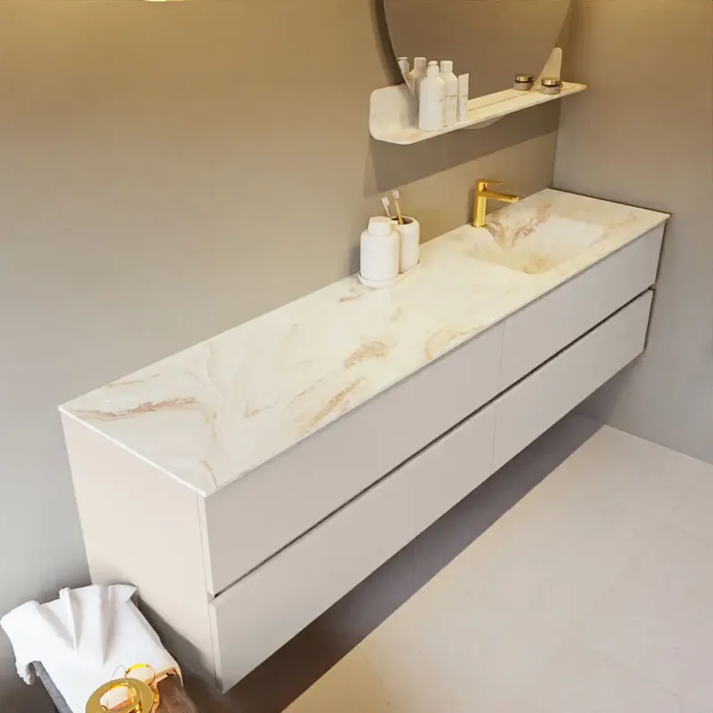Mondiaz Vica DLux badmeubel 200cm linen 4 lades met wastafel frappe rechts 1 kraangat Nu Kopen