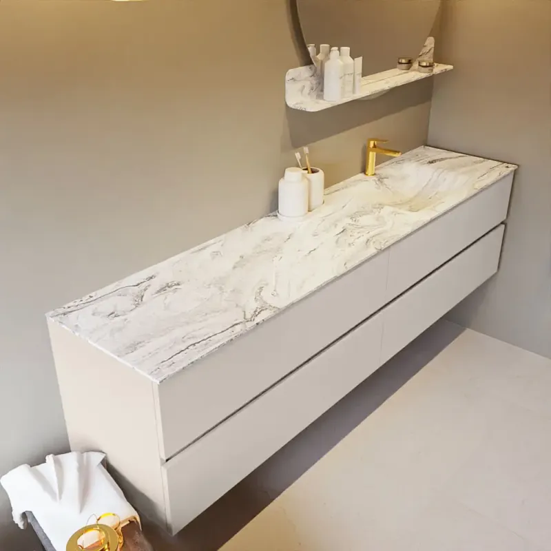 Mondiaz Vica DLux badmeubel 200cm linen 4 lades met wastafel glace rechts 1 kraangat Goedkoop