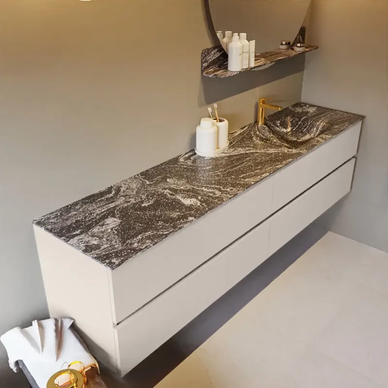 Rechtstreeks Van De Fabrikant Mondiaz Vica DLux badmeubel 200cm linen 4 lades met wastafel lava rechts 1 kraangat
