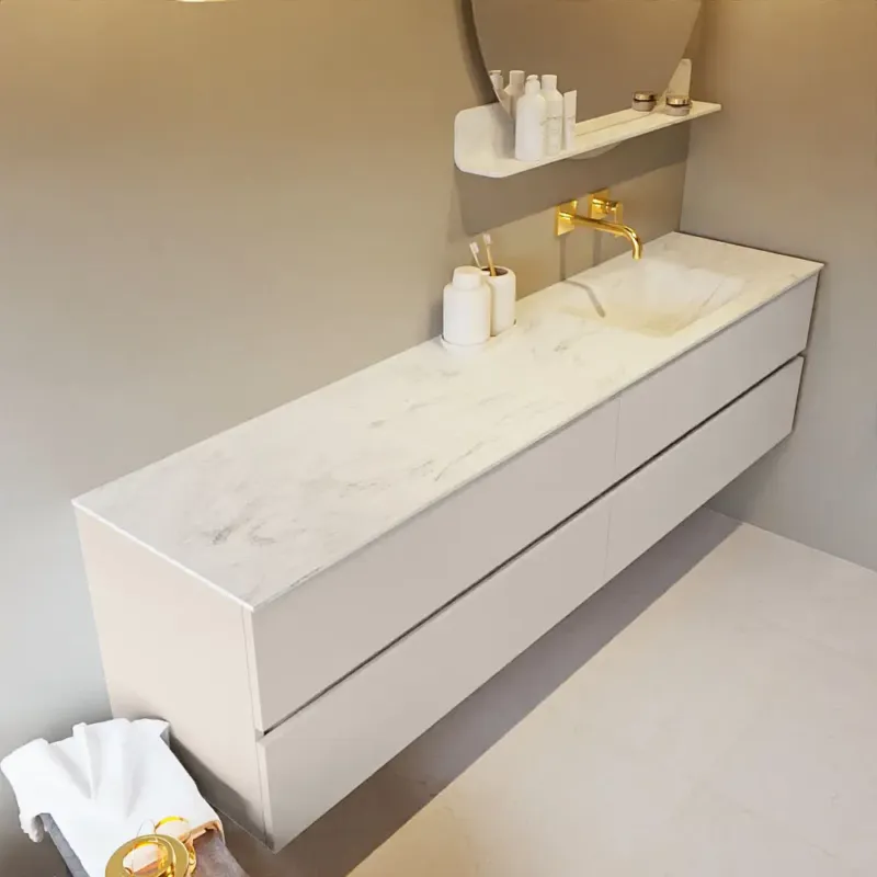 Veilige Betaling Mondiaz Vica DLux badmeubel 200cm linen 4 lades met wastafel opalo rechts zonder kraangat