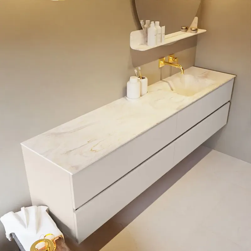 Aanbieding Mondiaz Vica DLux badmeubel 200cm linen 4 lades met wastafel ostra rechts zonder kraangat