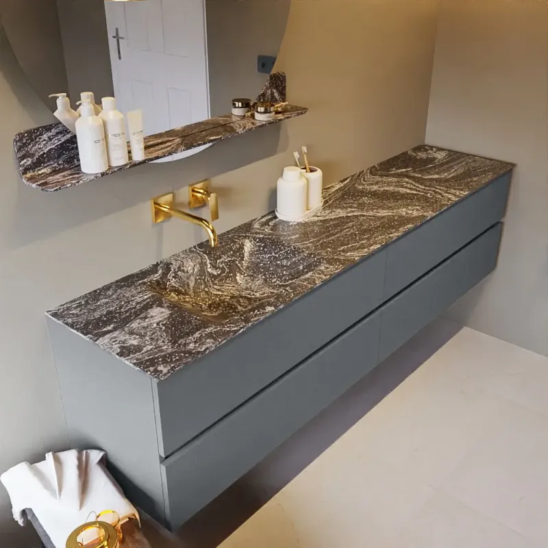 Superprijs Mondiaz Vica DLux badmeubel 200cm plata 4 lades met wastafel lava links zonder kraangat