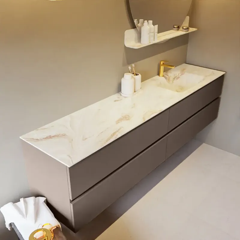 Mondiaz Vica DLux badmeubel 200cm smoke 4 lades met wastafel frappe rechts 1 kraangat Speciale Aanbieding
