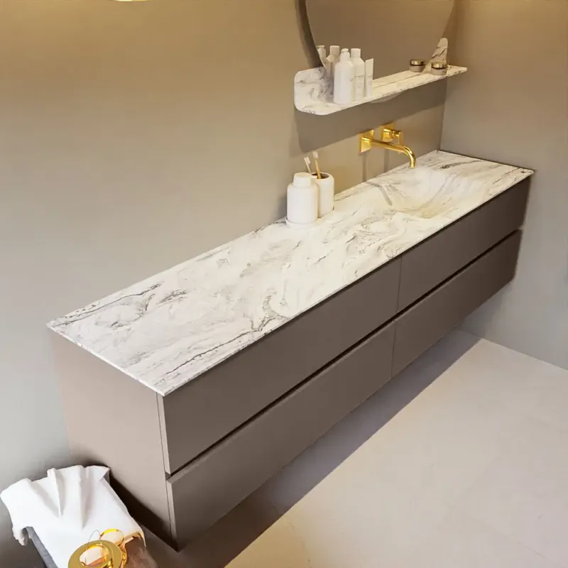 Weekendaanbieding Mondiaz Vica DLux badmeubel 200cm smoke 4 lades met wastafel glace rechts zonder kraangat
