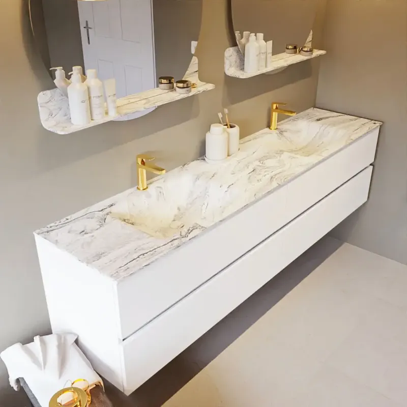 Mondiaz Vica DLux badmeubel 200cm talc 4 lades met wastafel glace dubbel 2 kraangaten Speciale Aanbieding