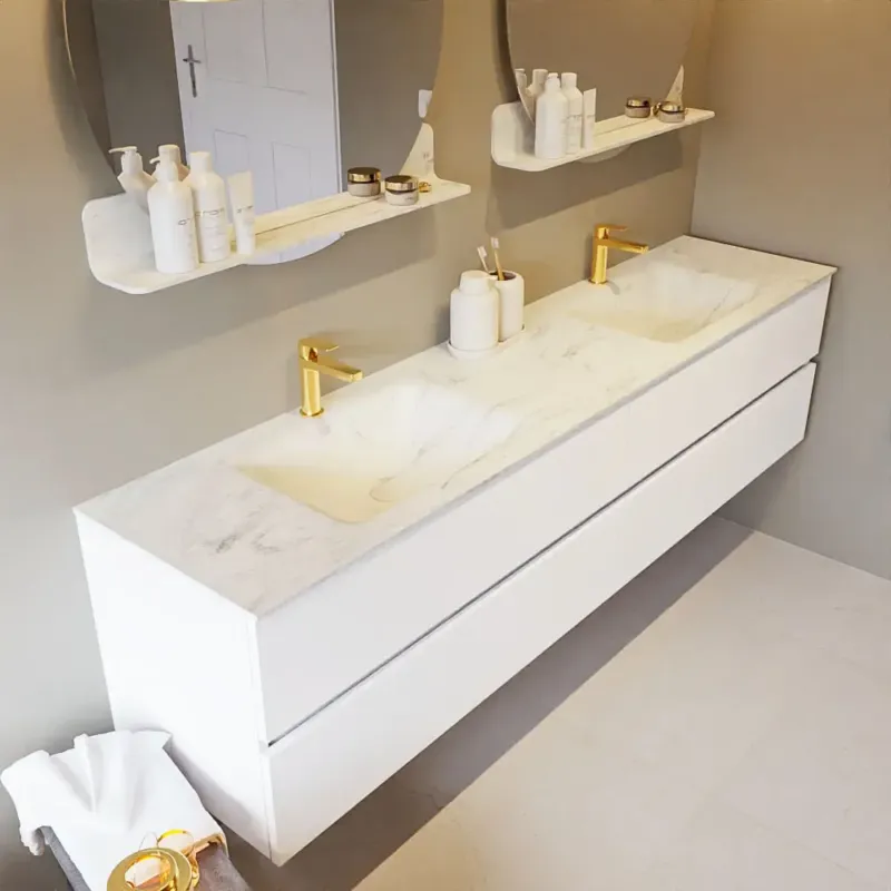 Gratis Retour Mondiaz Vica DLux badmeubel 200cm talc 4 lades met wastafel opalo dubbel 2 kraangaten