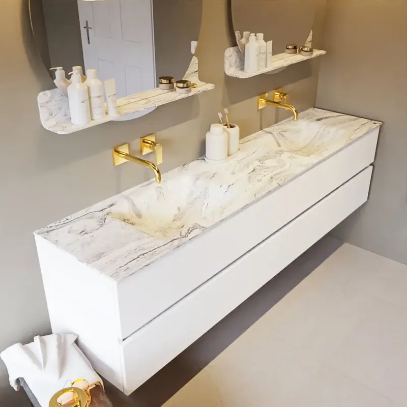 Nu Kopen Mondiaz Vica DLux badmeubel 200cm talc 4 lades met wastafel glace dubbel zonder kraangat