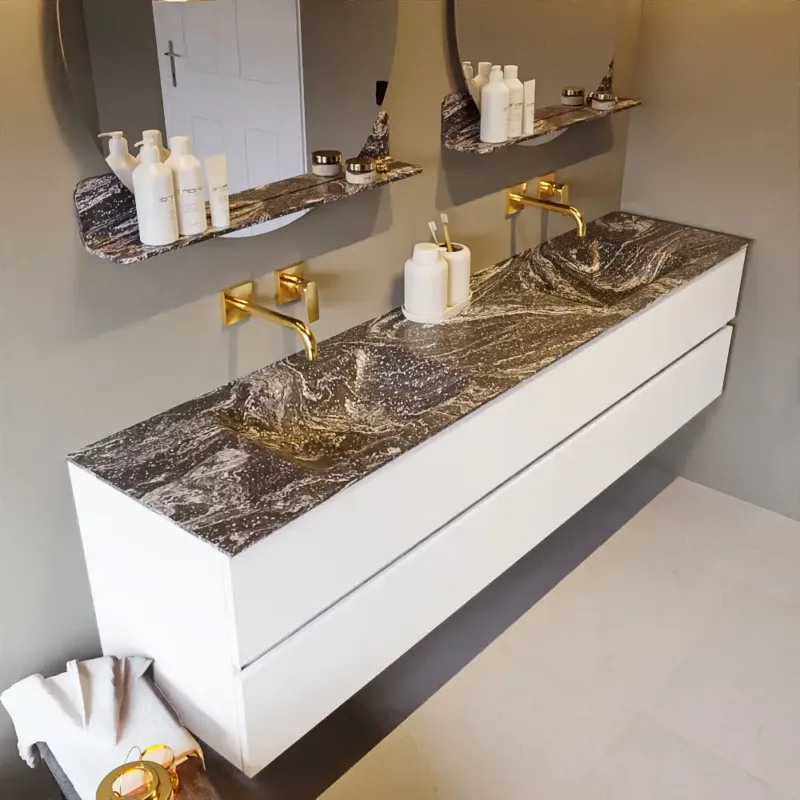 Uitverkoop Mondiaz Vica DLux badmeubel 200cm talc 4 lades met wastafel lava dubbel zonder kraangat