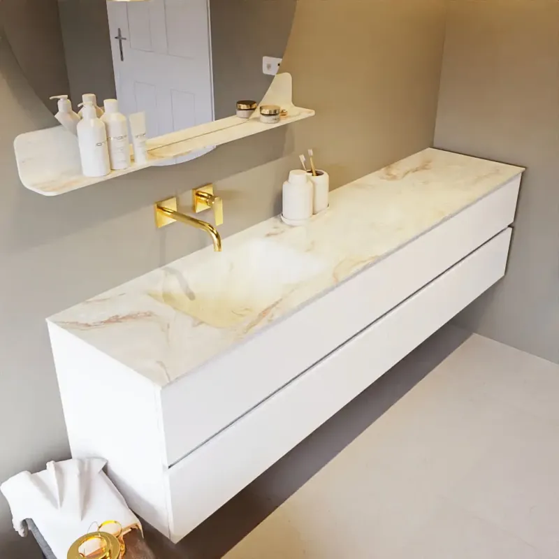 Alleen Vandaag Mondiaz Vica DLux badmeubel 200cm talc 4 lades met wastafel frappe links zonder kraangat