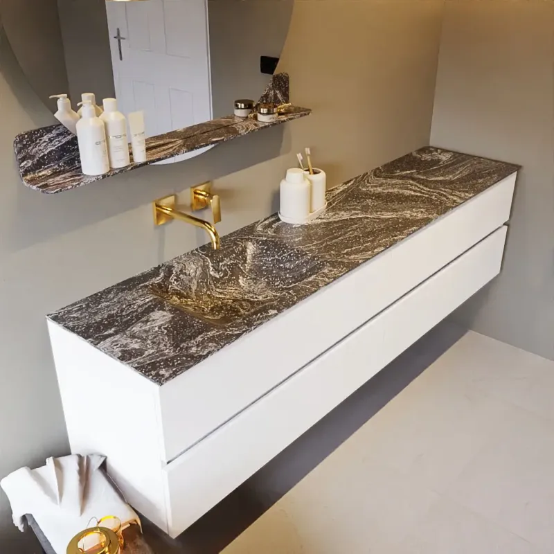 Actieprijs Mondiaz Vica DLux badmeubel 200cm talc 4 lades met wastafel lava links zonder kraangat