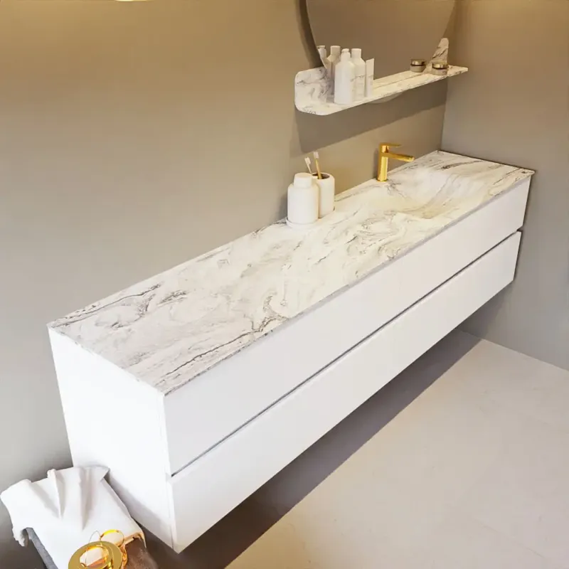 Alleen Vandaag Mondiaz Vica DLux badmeubel 200cm talc 4 lades met wastafel glace rechts 1 kraangat