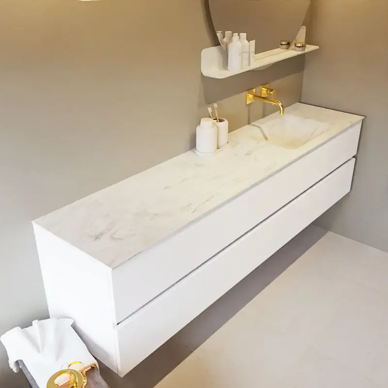 Mondiaz Vica DLux badmeubel 200cm talc 4 lades met wastafel opalo rechts zonder kraangat Snelle Levering