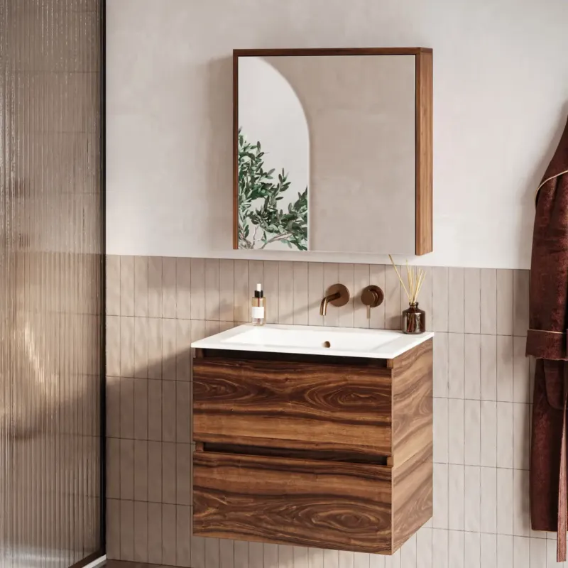 Express Levering Fontana Rovigo badmeubel 60cm walnoot met witte wastafel zonder kraangat en spiegelkast zonder verlichting