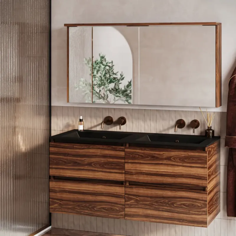 Aanbieding Fontana Rovigo badmeubel 120cm walnoot met zwarte wastafel zonder kraangaten en spiegelkast met verlichting
