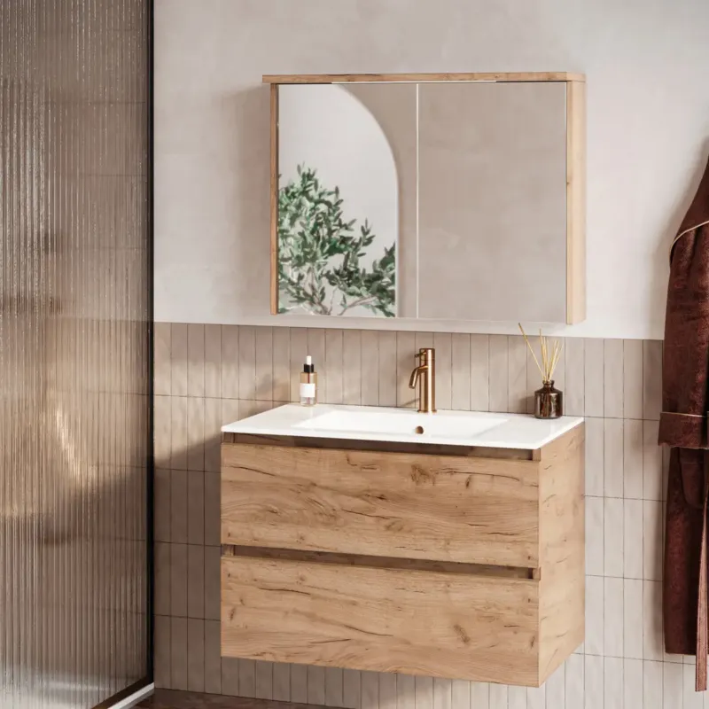 Direct Verzonden Fontana Rovigo badmeubel 80cm warm eiken met witte wastafel met kraangat en spiegelkast met verlichting