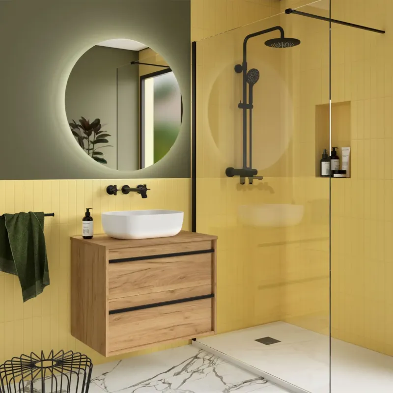 Rechtstreeks Van De Fabrikant Muebles Resh badmeubel 70cm met 2 lades en toppaneel warm eiken