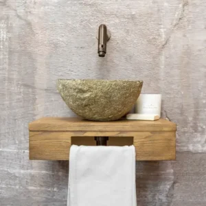 Beperkt Aanbod Saniclear Seba fonteinset met bruin eiken plank, rivierstenen waskom en kraan in verouderd messing voor in het toilet