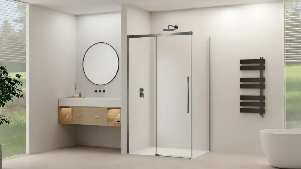 Aanbieding Van Rijn ST09 hoekcabine met helder glas 90x140cm geborsteld gun metal