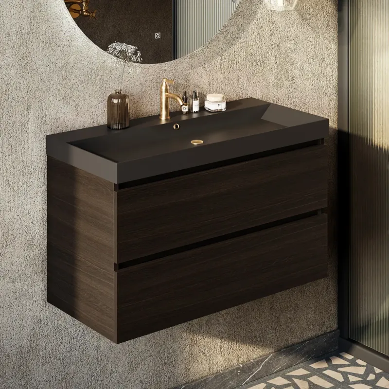 Aanbieding Fontana Kolo wastafelmeubel kasteel bruin 100cm zwarte wastafel 1 kraangat
