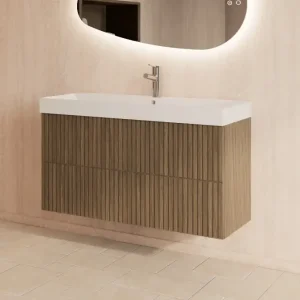 Premium Gliss Design Hybris badmeubel met ribbelfront 100cm ash grey met mat witte wastafel zonder kraangat Lako