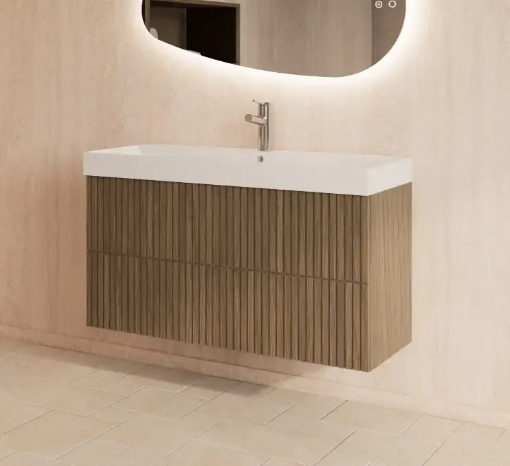 Premium Gliss Design Hybris badmeubel met ribbelfront 100cm ash grey met mat witte wastafel zonder kraangat Lako