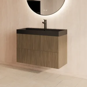 Weekendaanbieding Gliss Design Hybris badmeubel met ribbelfront 70cm ash grey met zwarte wastafel met 1 kraangat Lako