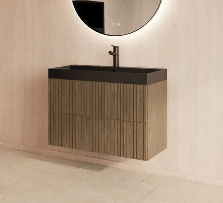Weekendaanbieding Gliss Design Hybris badmeubel met ribbelfront 70cm ash grey met zwarte wastafel met 1 kraangat Lako