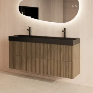 Seizoensaanbieding Gliss Design Hybris badmeubel met ribbelfront 120cm ash grey met zwarte wastafel met 2 kraangaten Lako