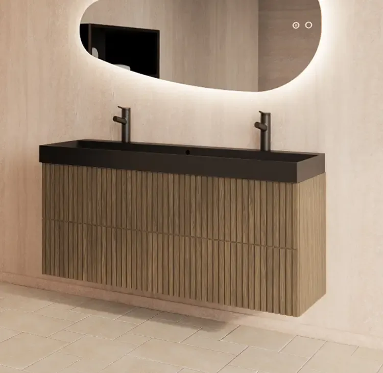 Seizoensaanbieding Gliss Design Hybris badmeubel met ribbelfront 120cm ash grey met zwarte wastafel met 2 kraangaten Lako