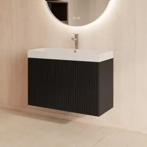 Speciale Aanbieding Gliss Design Hybris badmeubel met ribbelfront 60cm black veneer met mat witte wastafel met 1 kraangat Lako