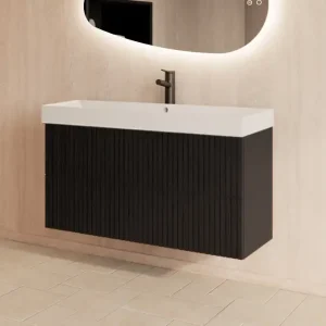 Tijdelijk Beschikbaar Gliss Design Hybris badmeubel met ribbelfront 90cm black veneer met mat witte wastafel zonder kraangat Lako