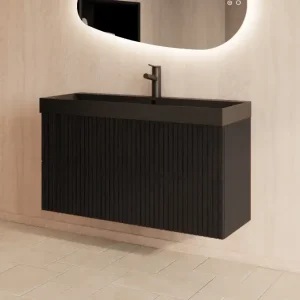 Shop Nu Gliss Design Hybris badmeubel met ribbelfront 90cm black veneer met zwarte wastafel zonder kraangat Lako