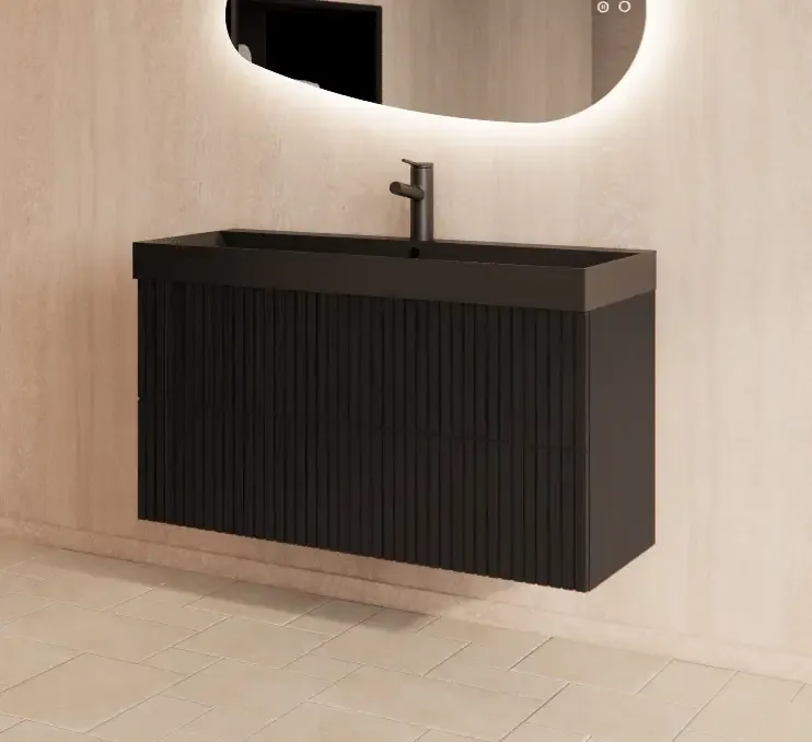 Gliss Design Hybris badmeubel met ribbelfront 100cm black veneer met zwarte wastafel zonder kraangat Lako Veilige Betaling