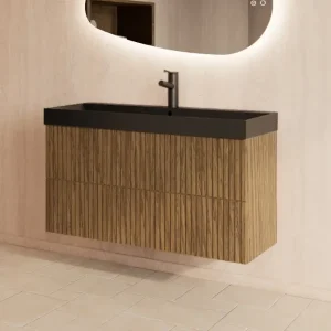 Superprijs Gliss Design Hybris badmeubel met ribbelfront 100cm castle brown met zwarte wastafel zonder kraangat Lako