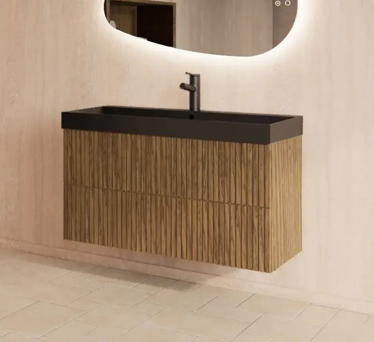 Superprijs Gliss Design Hybris badmeubel met ribbelfront 100cm castle brown met zwarte wastafel zonder kraangat Lako