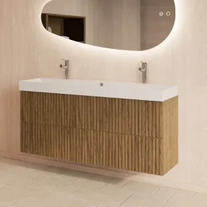 Aanbieding Gliss Design Hybris badmeubel met ribbelfront 120cm castle brown met glans witte wastafel zonder kraangat Lako