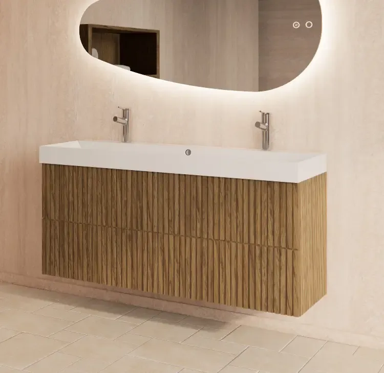 Aanbieding Gliss Design Hybris badmeubel met ribbelfront 120cm castle brown met glans witte wastafel zonder kraangat Lako