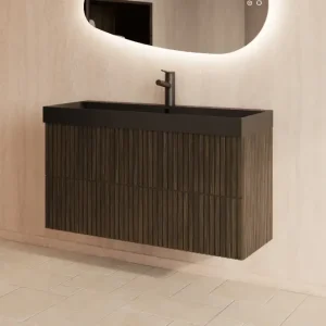 Superprijs Gliss Design Hybris badmeubel met ribbelfront 90cm charcoal met zwarte wastafel met 1 kraangat Lako