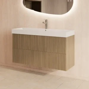 Op = Op Gliss Design Hybris badmeubel met ribbelfront 100cm corn silk met mat witte wastafel zonder kraangat Lako