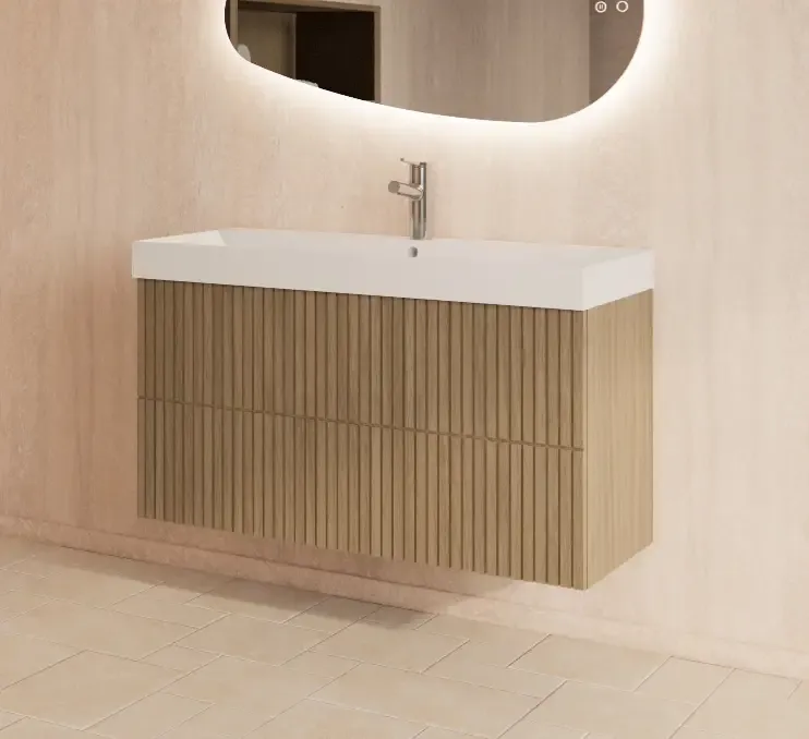 Gliss Design Hybris badmeubel met ribbelfront 100cm corn silk met glans witte wastafel met 2 kraangaten Lako Beste Prijs
