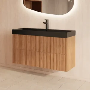 Superprijs Gliss Design Hybris badmeubel met ribbelfront 100cm pure met zwarte wastafel zonder kraangat Lako